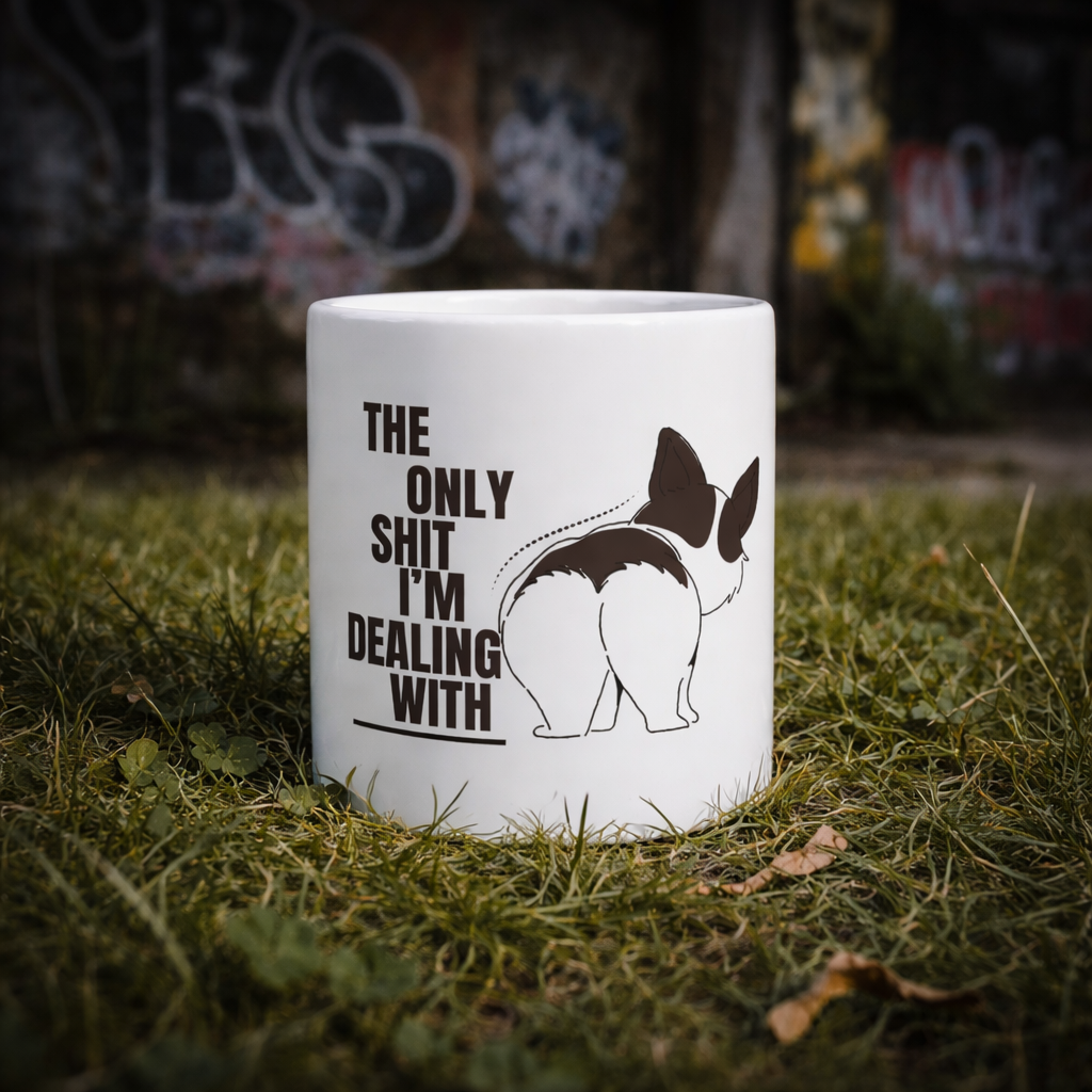 White mug with a graphic of a dog and text on grass with graffiti in the background